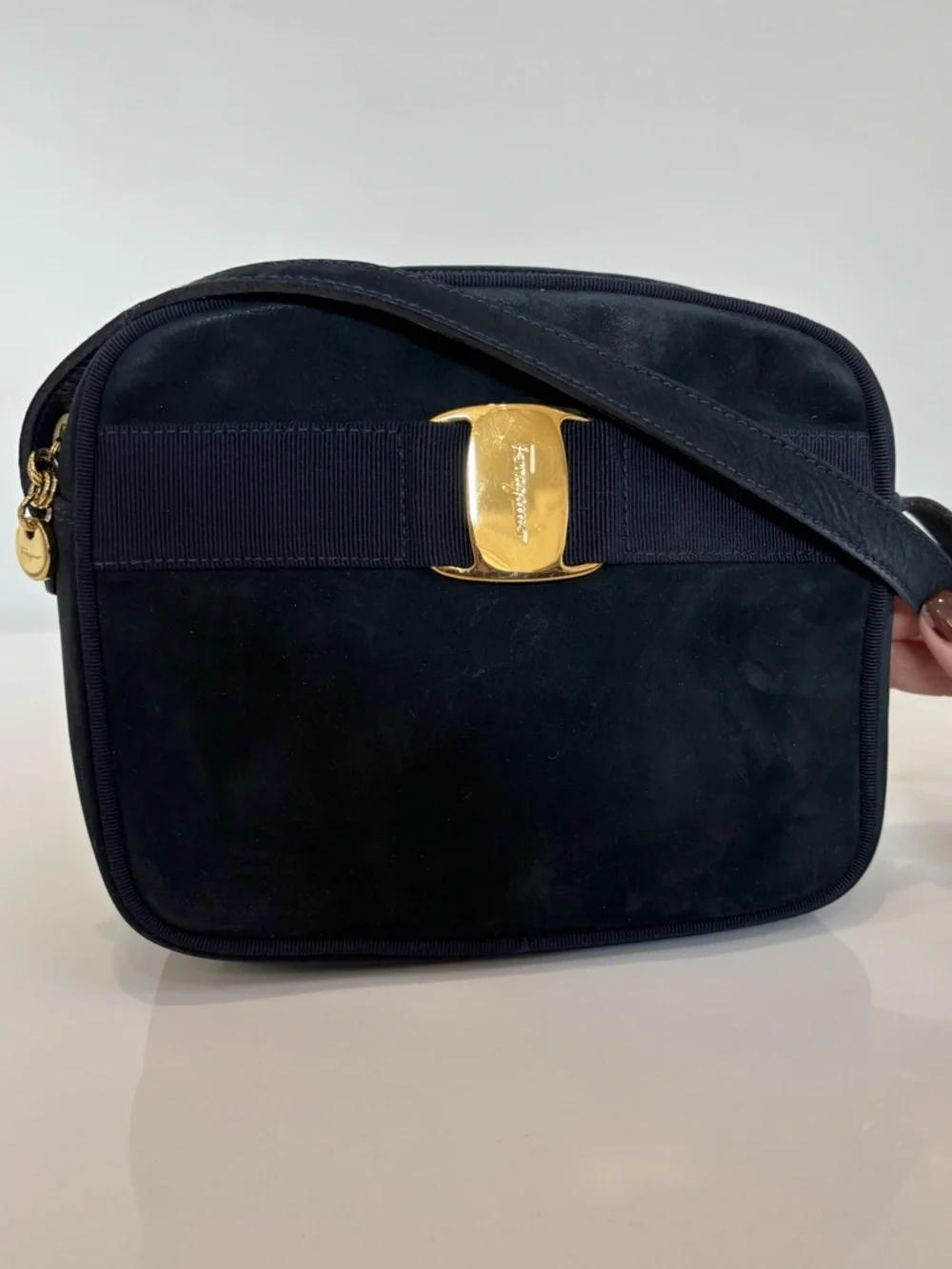 Salvatore Ferragamo Navy Suede Vara Bow Crossbody Bag Gold Hardware Italy